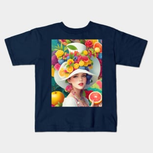 А woman with a white hat and some colorful fruity Kids T-Shirt